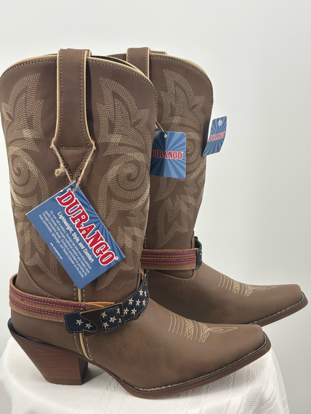 Durango Brown Western Heeled Boots with Star-Spangled Strap